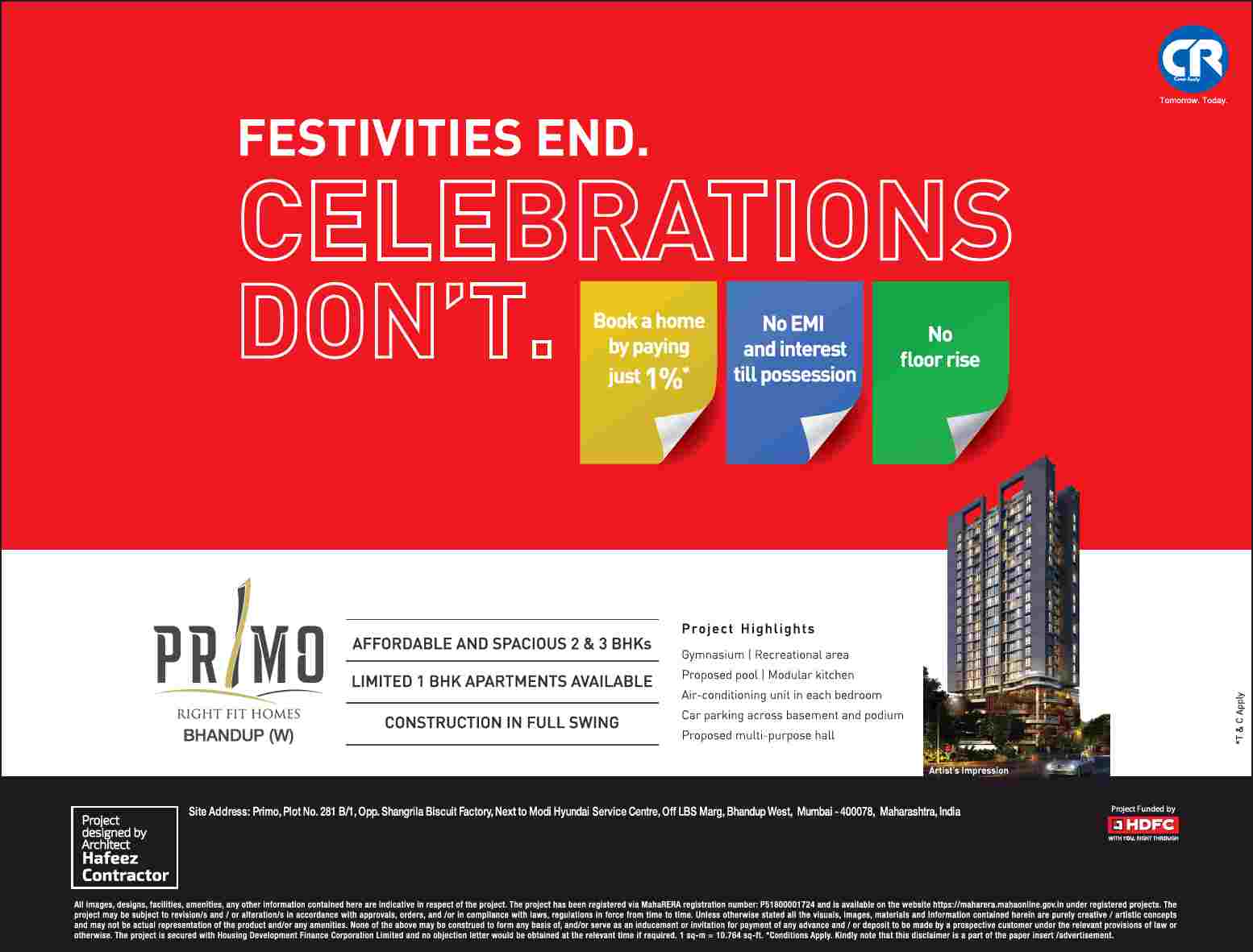 Book home paying just 1% with no EMI & interest till possession at Ceear Primo in Mumbai